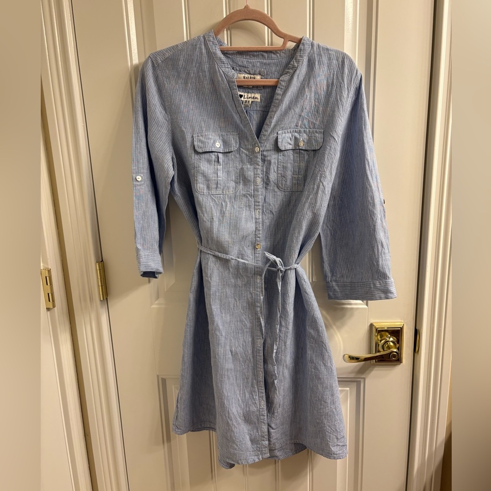 Malvin I love Linen Belted V-neck Shirt Dress Blue White Stripe XL 12 Fits Lk M